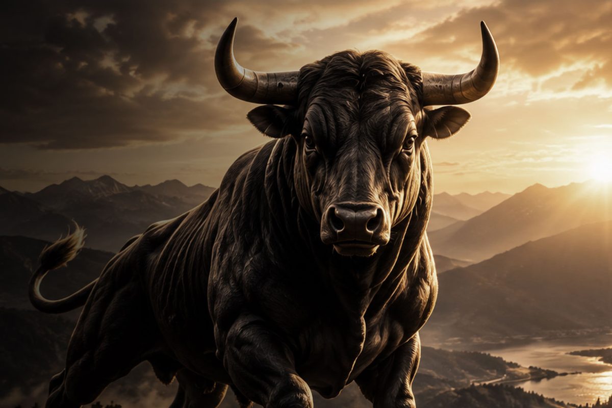 Stier vor einer Berglandschaft im Abendlicht – Titelmotiv des Kanals Macht & Marge